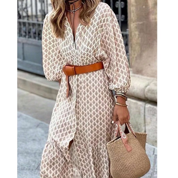 Boho Geo Print Button Down 3/4 balloon Sleeve Dress - Picture 5 of 5